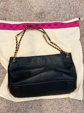 Tory Burch Black Leather Shoulder Bag with Gold Chain Detail